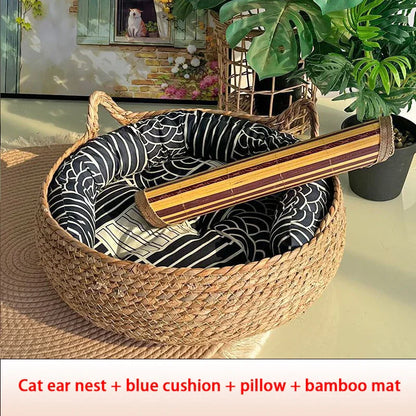 Handwoven Rattan Cat Bed – Cozy & Washable Four-Season Pet Sleeping House