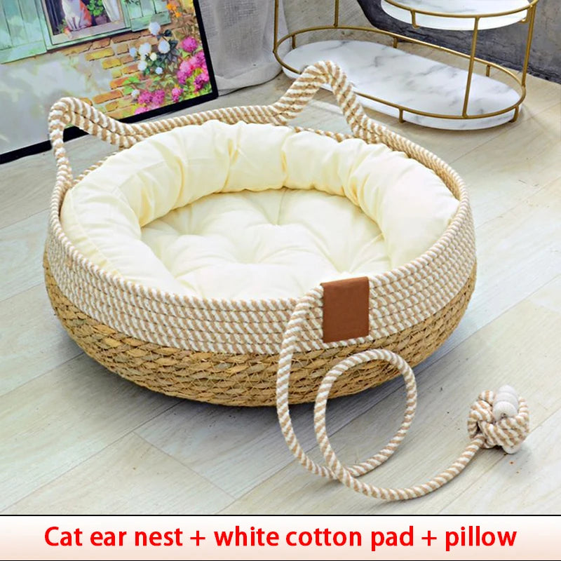 Handwoven Rattan Cat Bed – Cozy & Washable Four-Season Pet Sleeping House