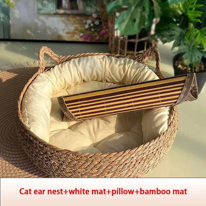 Handwoven Rattan Cat Bed – Cozy & Washable Four-Season Pet Sleeping House