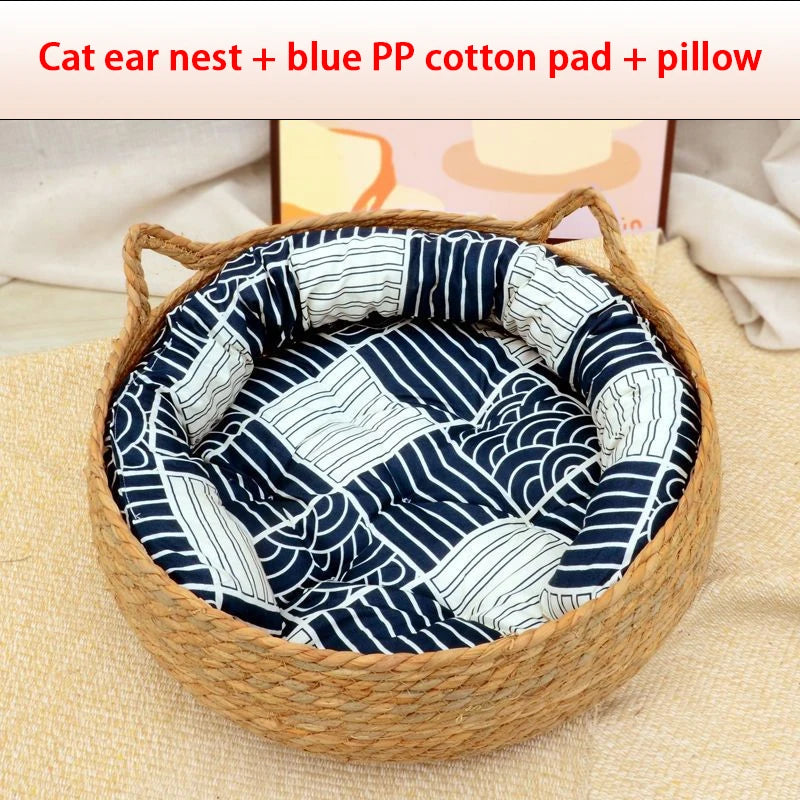 Handwoven Rattan Cat Bed – Cozy & Washable Four-Season Pet Sleeping House