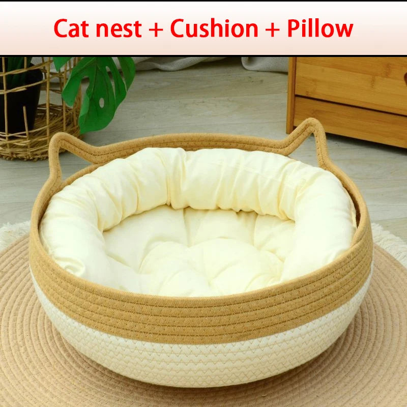 Handwoven Rattan Cat Bed – Cozy & Washable Four-Season Pet Sleeping House