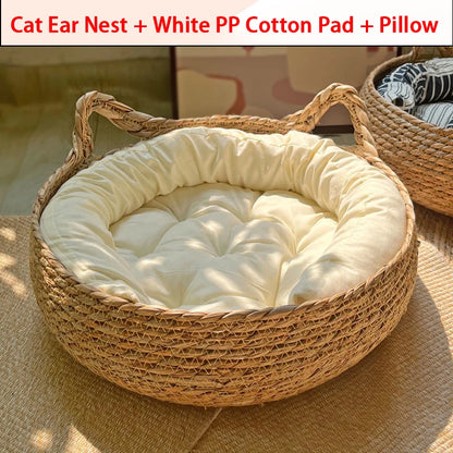 Handwoven Rattan Cat Bed – Cozy & Washable Four-Season Pet Sleeping House