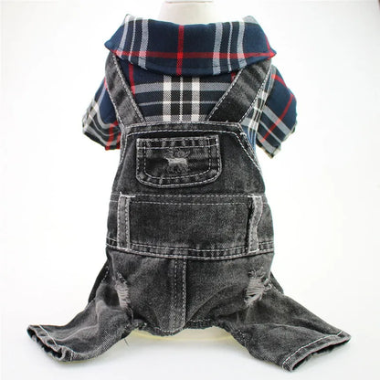 Dog Cat Denim Plaid Jumpsuit Hoodie Pet Puppy Jean Jacket Spring/Autumn Clothes Apparel 4 Colours