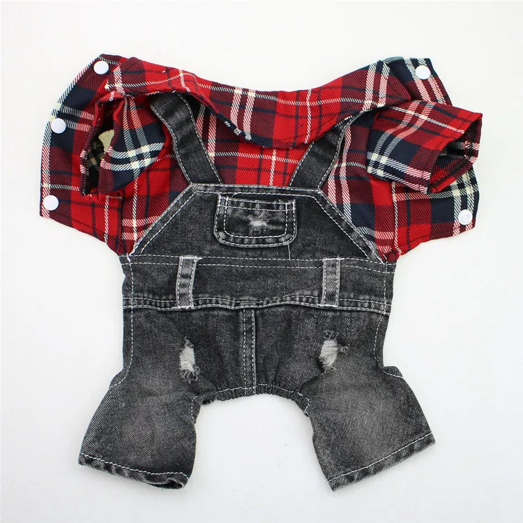 Dog Cat Denim Plaid Jumpsuit Hoodie Pet Puppy Jean Jacket Spring/Autumn Clothes Apparel 4 Colours