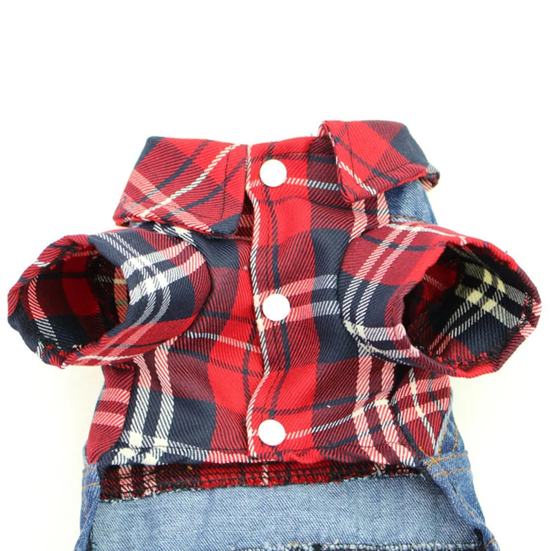 Dog Cat Denim Plaid Jumpsuit Hoodie Pet Puppy Jean Jacket Spring/Autumn Clothes Apparel 4 Colours