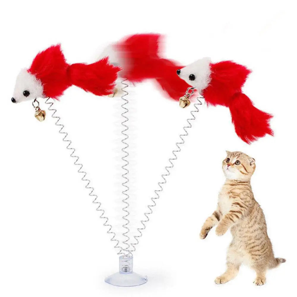 Interactive Feather & Mouse Cat Toy – Suction Cup Spring Teaser with Bell