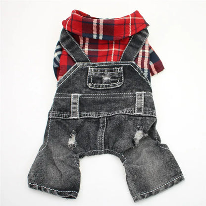 Dog Cat Denim Plaid Jumpsuit Hoodie Pet Puppy Jean Jacket Spring/Autumn Clothes Apparel 4 Colours