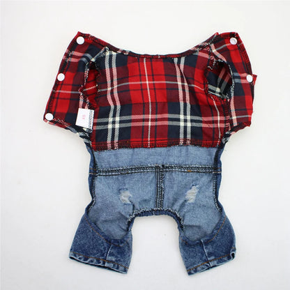 Dog Cat Denim Plaid Jumpsuit Hoodie Pet Puppy Jean Jacket Spring/Autumn Clothes Apparel 4 Colours