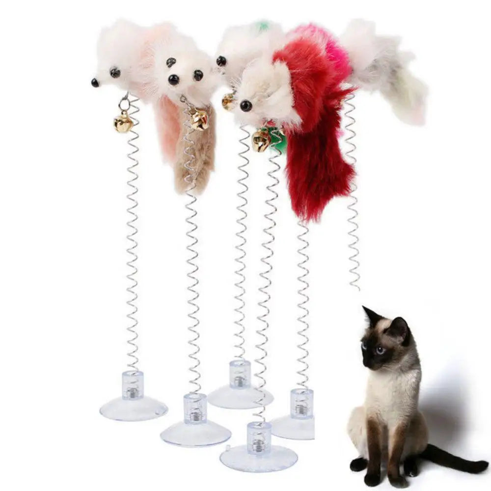 Interactive Feather & Mouse Cat Toy – Suction Cup Spring Teaser with Bell