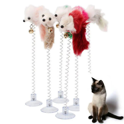 Interactive Feather & Mouse Cat Toy – Suction Cup Spring Teaser with Bell