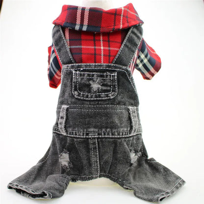 Dog Cat Denim Plaid Jumpsuit Hoodie Pet Puppy Jean Jacket Spring/Autumn Clothes Apparel 4 Colours