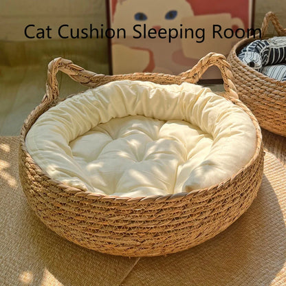 Handwoven Rattan Cat Bed – Cozy & Washable Four-Season Pet Sleeping House