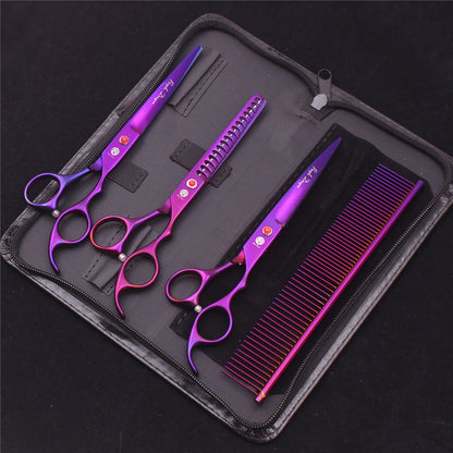 Purple Dragon Pet Scissors 7'' Stainless Dog Groomming Scissors Kit Straight Shears Thinning Shears Chunker Curved Shears Z3003