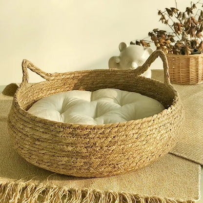 Handwoven Rattan Cat Bed – Cozy & Washable Four-Season Pet Sleeping House