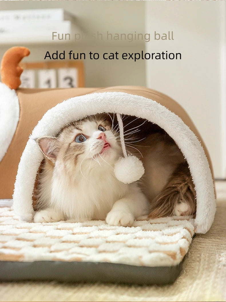 Reindeer Plush Cat Bed – Cozy Hideaway & Tunnel for Play & Sleep