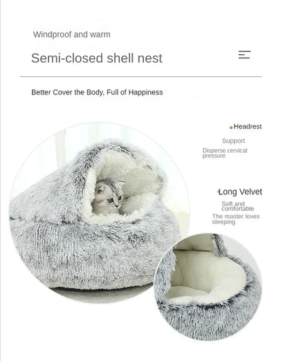 2-in-1 Covered Plush Cat Bed – Warm Winter Sleeping Cave for Cats & Small Dogs