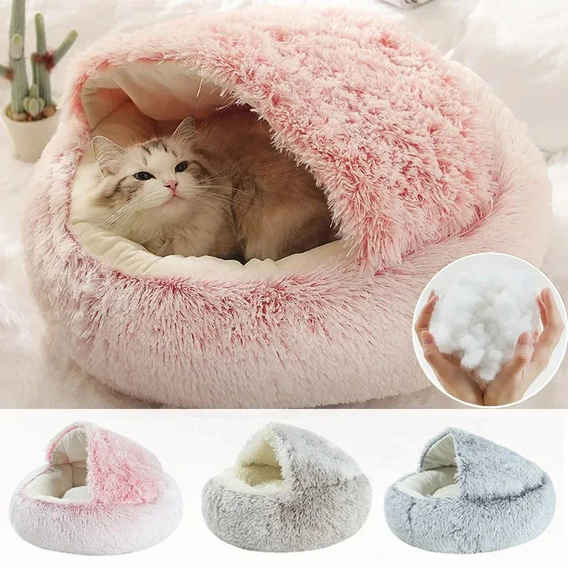 2-in-1 Covered Plush Cat Bed – Warm Winter Sleeping Cave for Cats & Small Dogs