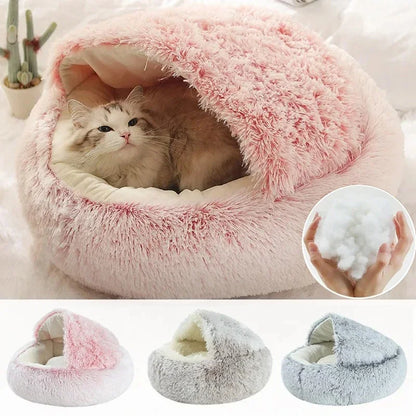 2-in-1 Covered Plush Cat Bed – Warm Winter Sleeping Cave for Cats & Small Dogs