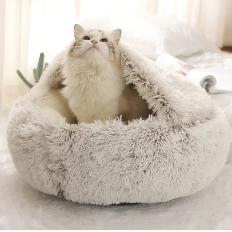 Cozy Semi-Enclosed Plush Cat Bed – Warm & Comfortable Nest for Cats & Small Dogs