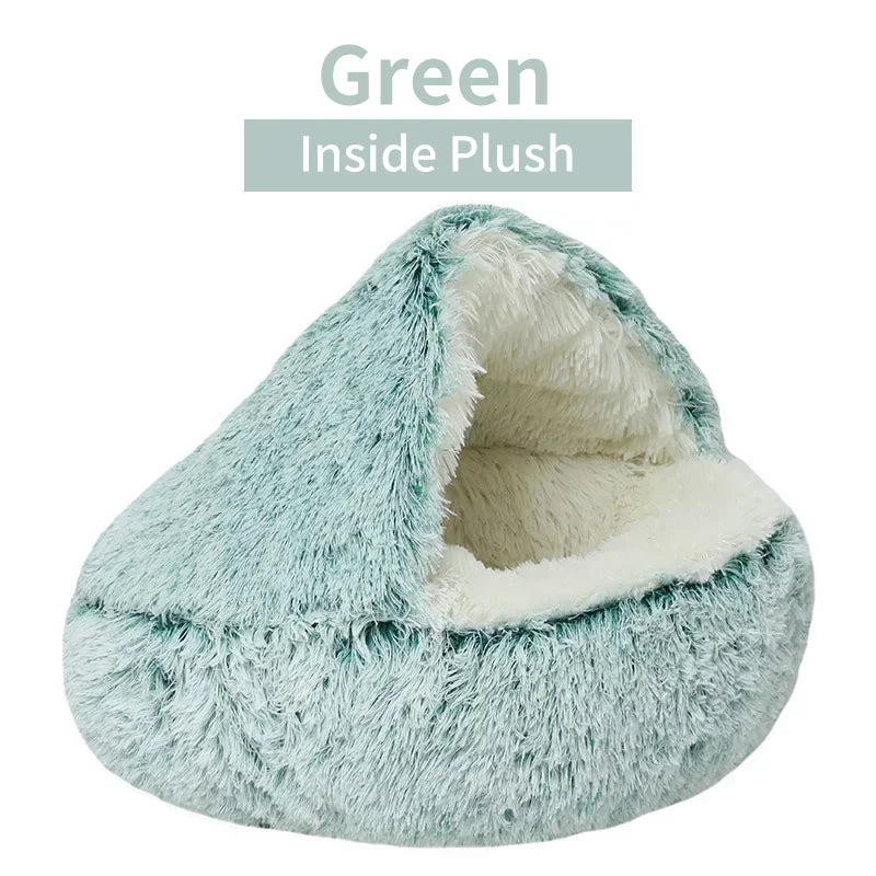 2-in-1 Covered Plush Cat Bed – Warm Winter Sleeping Cave for Cats & Small Dogs