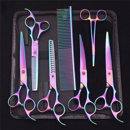 Purple Dragon Pet Scissors 7'' Stainless Dog Groomming Scissors Kit Straight Shears Thinning Shears Chunker Curved Shears Z3003