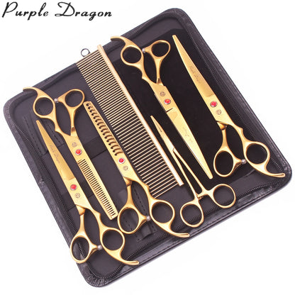 Purple Dragon Pet Scissors 7'' Stainless Dog Groomming Scissors Kit Straight Shears Thinning Shears Chunker Curved Shears Z3003