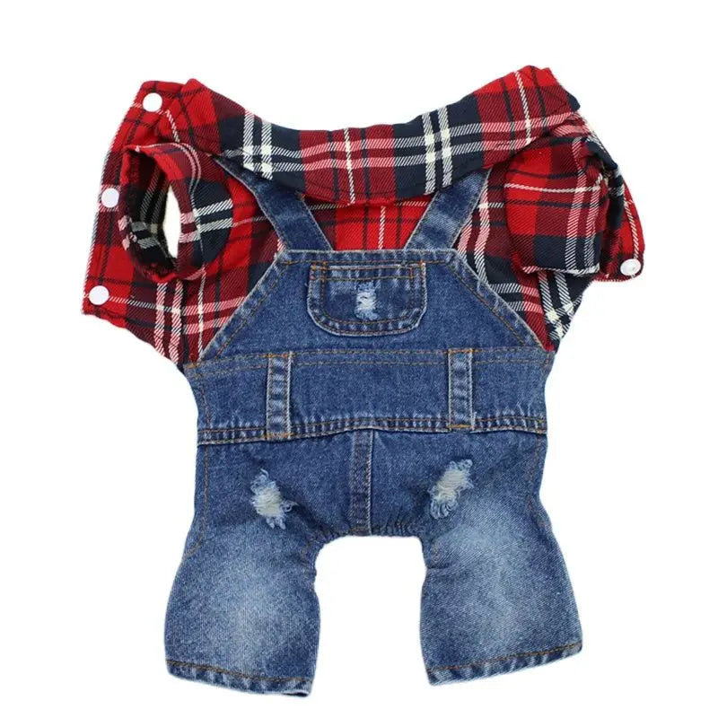 Dog Cat Denim Plaid Jumpsuit Hoodie Pet Puppy Jean Jacket Spring/Autumn Clothes Apparel 4 Colours