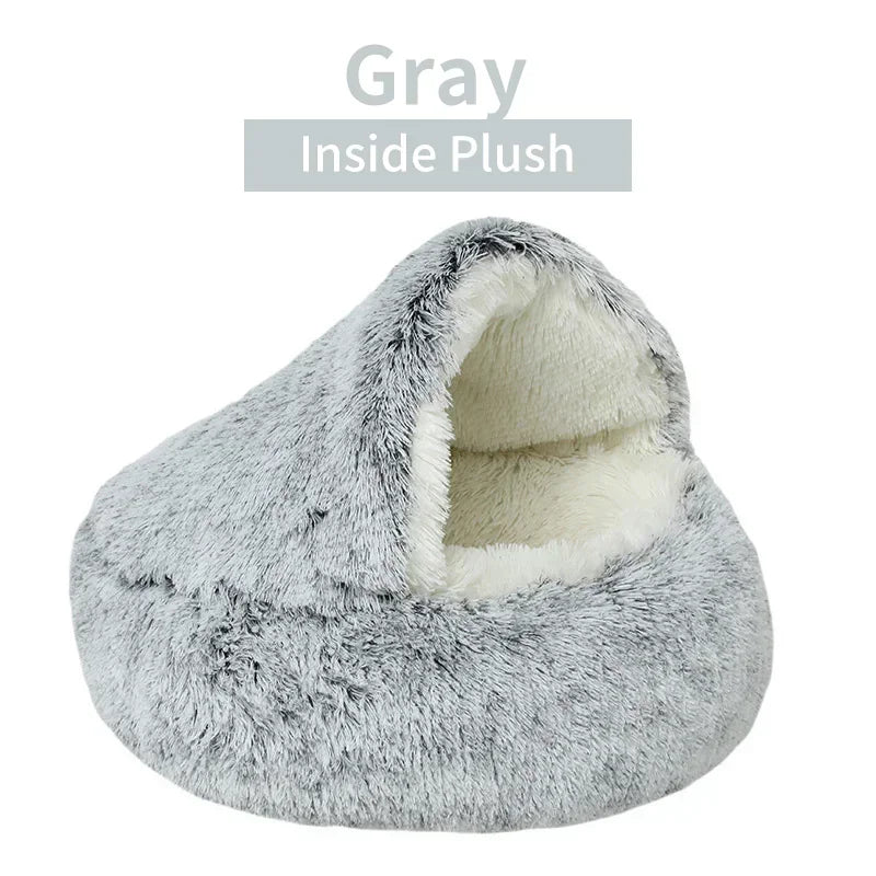 2-in-1 Covered Plush Cat Bed – Warm Winter Sleeping Cave for Cats & Small Dogs