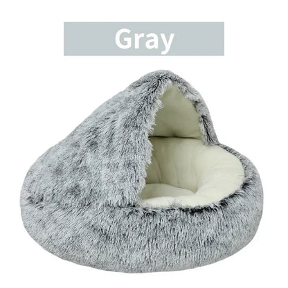 2-in-1 Covered Plush Cat Bed – Warm Winter Sleeping Cave for Cats & Small Dogs