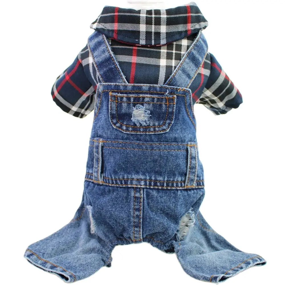 Dog Cat Denim Plaid Jumpsuit Hoodie Pet Puppy Jean Jacket Spring/Autumn Clothes Apparel 4 Colours