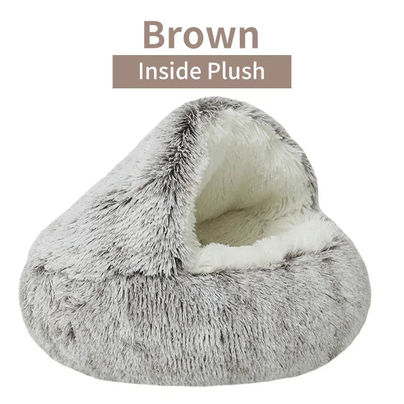 2-in-1 Covered Plush Cat Bed – Warm Winter Sleeping Cave for Cats & Small Dogs