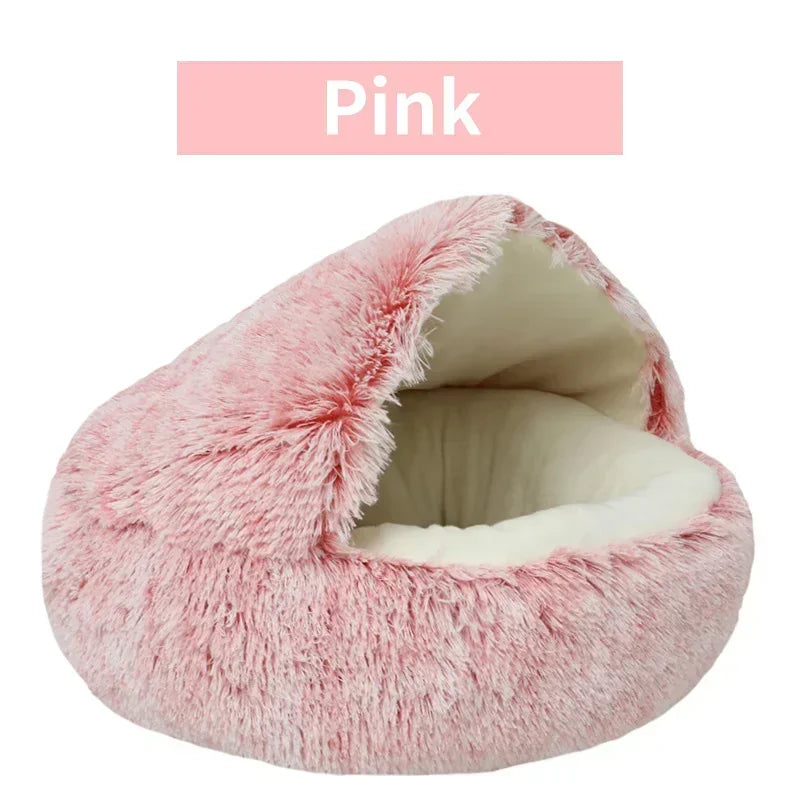 2-in-1 Covered Plush Cat Bed – Warm Winter Sleeping Cave for Cats & Small Dogs