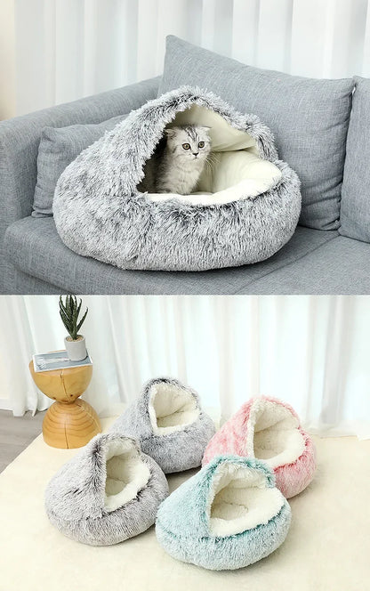 2-in-1 Covered Plush Cat Bed – Warm Winter Sleeping Cave for Cats & Small Dogs