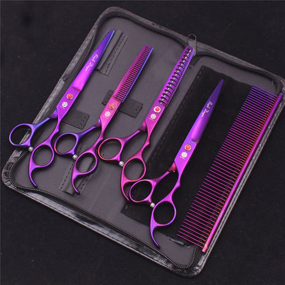 Purple Dragon Pet Scissors 7'' Stainless Dog Groomming Scissors Kit Straight Shears Thinning Shears Chunker Curved Shears Z3003