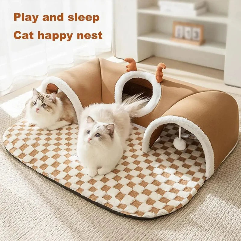 Reindeer Plush Cat Bed – Cozy Hideaway & Tunnel for Play & Sleep