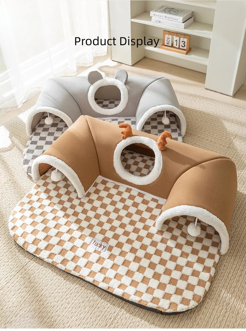 Reindeer Plush Cat Bed – Cozy Hideaway & Tunnel for Play & Sleep