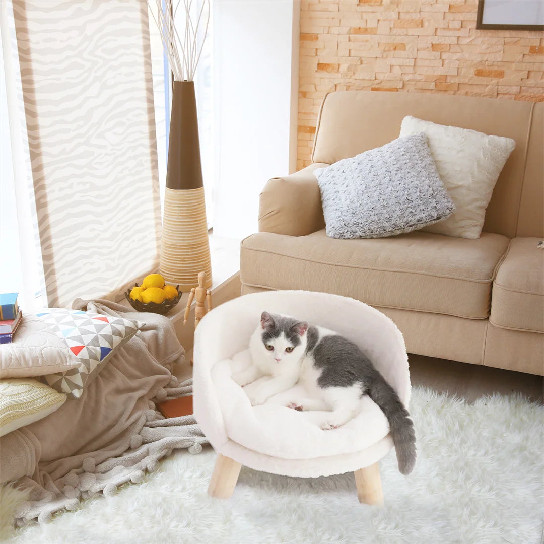 Luxury Cat Bed with Wooden Legs – Soft Plush Nesting Chair for Small Pets