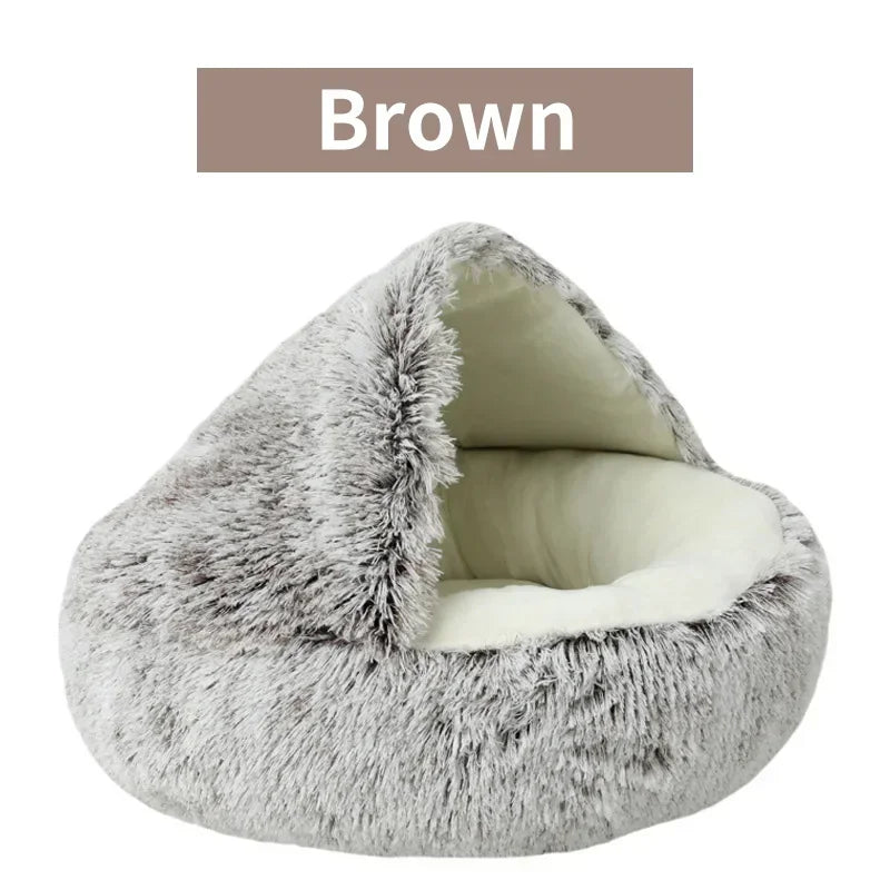 2-in-1 Covered Plush Cat Bed – Warm Winter Sleeping Cave for Cats & Small Dogs