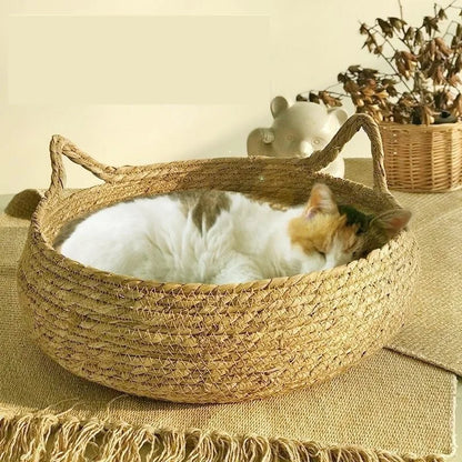 Handwoven Rattan Cat Bed – Cozy & Washable Four-Season Pet Sleeping House