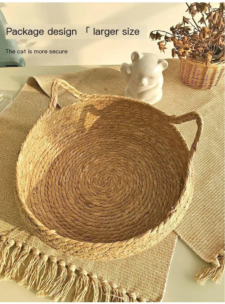 Handwoven Rattan Cat Bed – Cozy & Washable Four-Season Pet Sleeping House