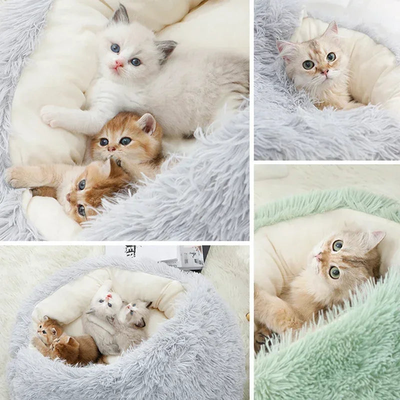 2-in-1 Covered Plush Cat Bed – Warm Winter Sleeping Cave for Cats & Small Dogs