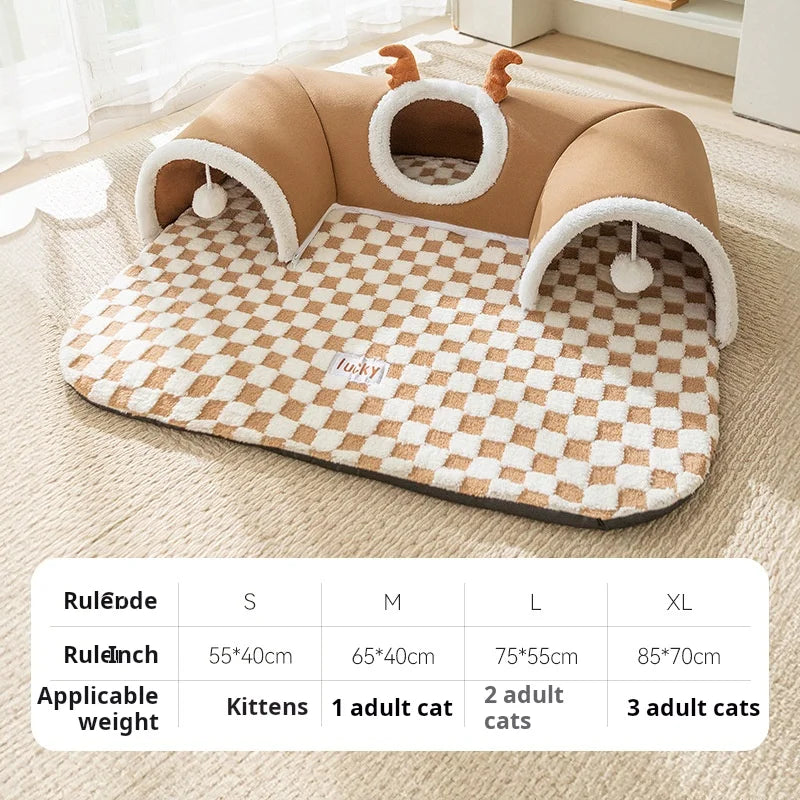 Reindeer Plush Cat Bed – Cozy Hideaway & Tunnel for Play & Sleep