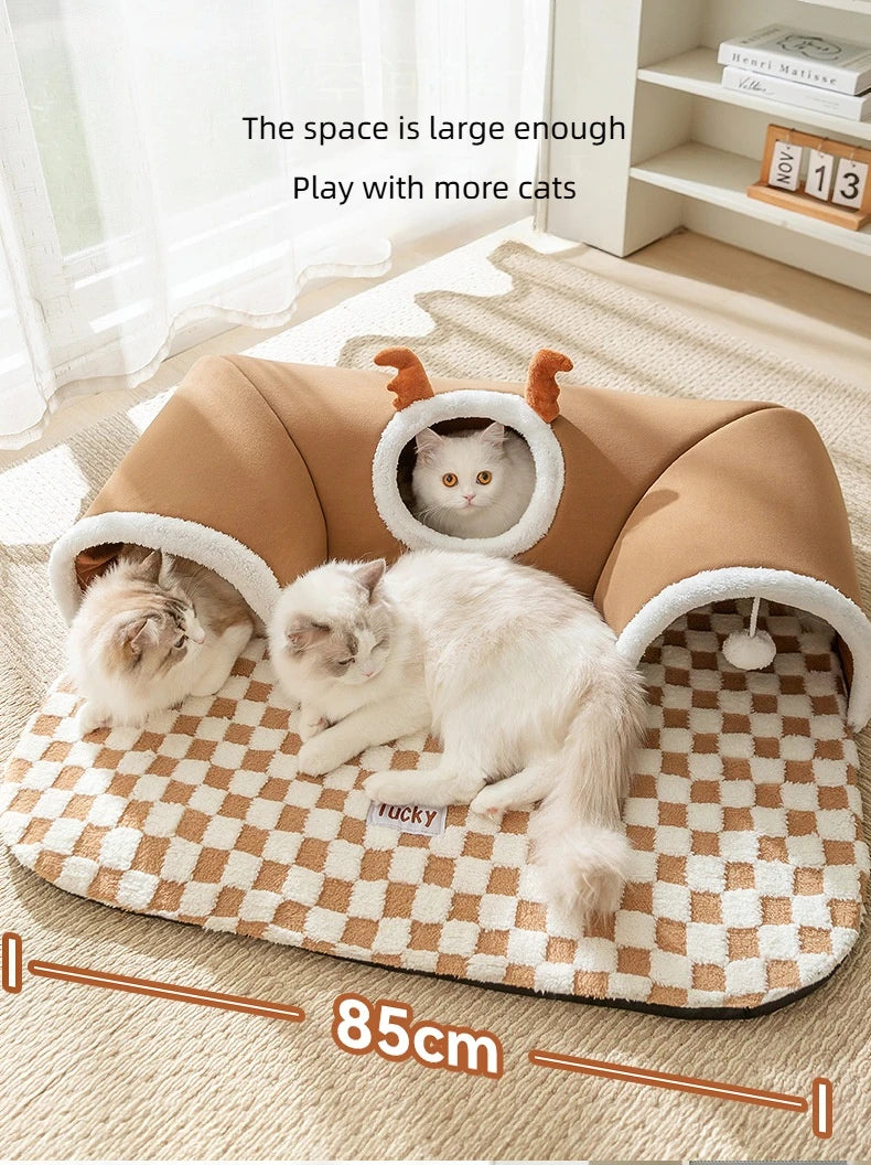 Reindeer Plush Cat Bed – Cozy Hideaway & Tunnel for Play & Sleep