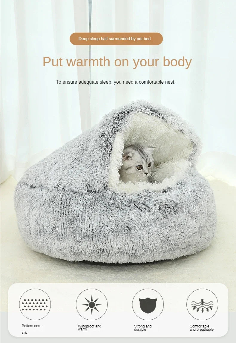 2-in-1 Covered Plush Cat Bed – Warm Winter Sleeping Cave for Cats & Small Dogs