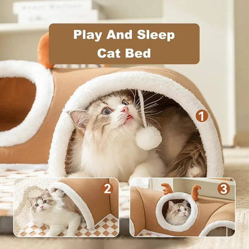 Reindeer Plush Cat Bed – Cozy Hideaway & Tunnel for Play & Sleep