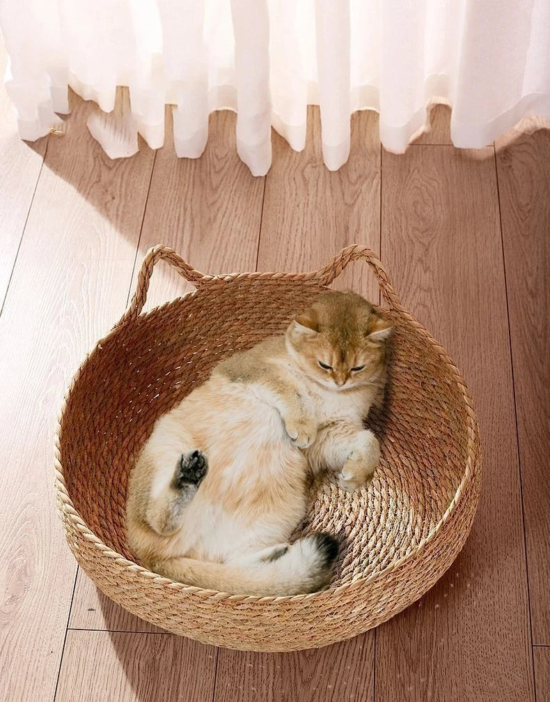 Handwoven Rattan Cat Bed – Cozy & Washable Four-Season Pet Sleeping House