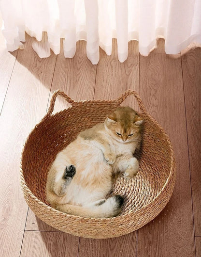 Handwoven Rattan Cat Bed – Cozy & Washable Four-Season Pet Sleeping House