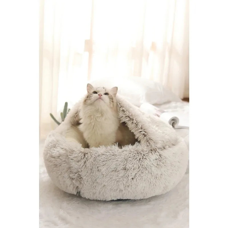 Semi-Enclosed Plush Cat Bed – Soft & Cozy Shell Nest for Cats & Small Dogs