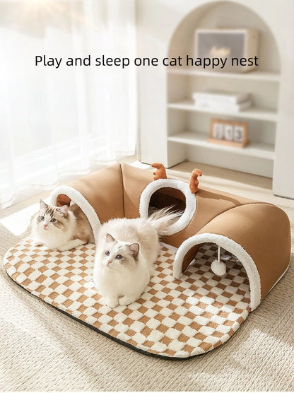 Reindeer Plush Cat Bed – Cozy Hideaway & Tunnel for Play & Sleep